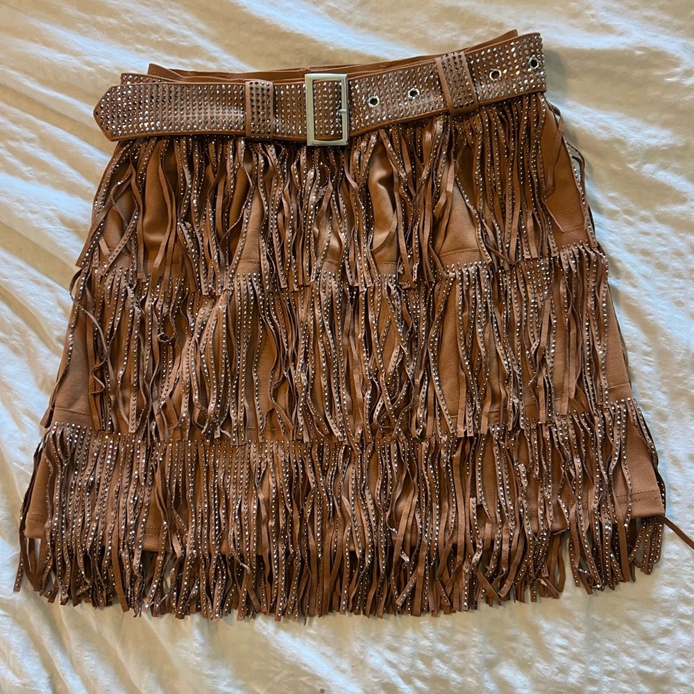 Women’s Rhinestone Brown Fringe Skirt